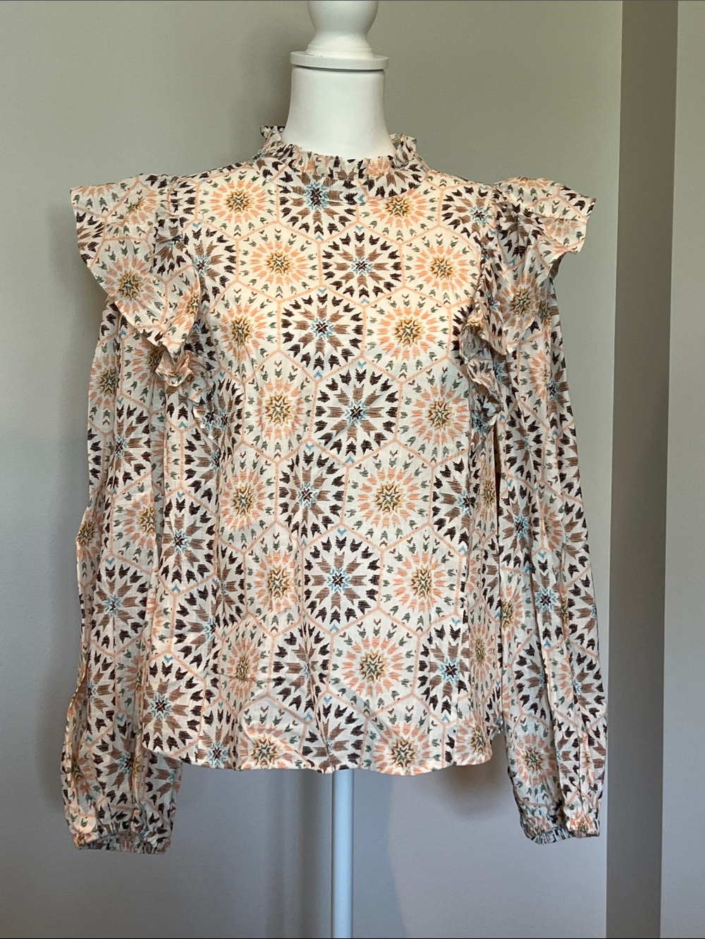 a.n.a Ruffled High-Neck Geometric Floral Blouse - Cream/Brown/Peach